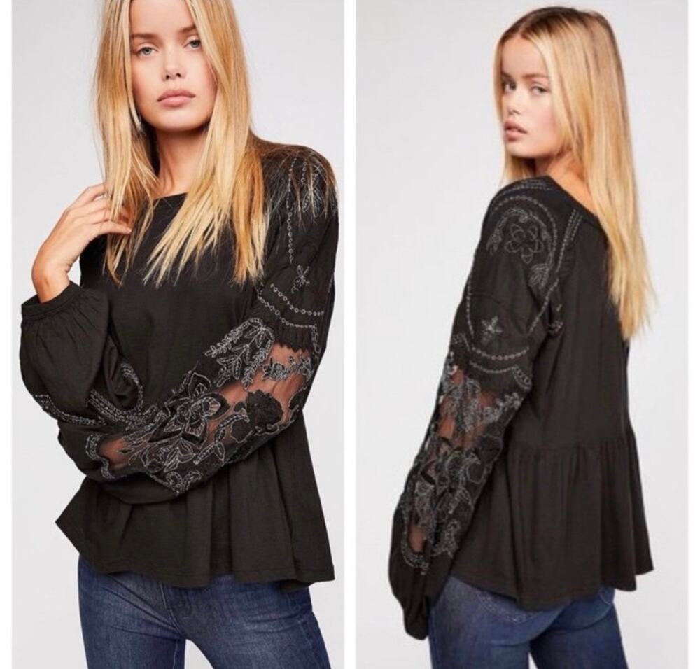 Free People Black Penny Tee Size Large with Embroidered Floral Sheer Sleeves